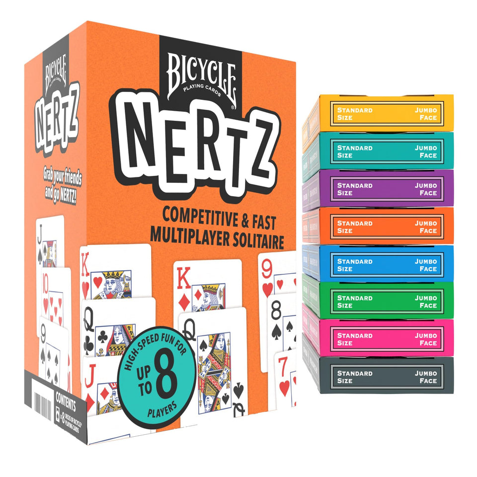 Bicycle Nertz card game with 8 color-coded decks for competitive family play.