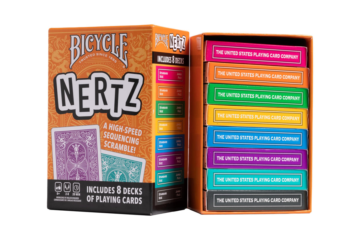 Bicycle Nertz card game showing jumbo index cards for easy reading.
