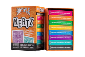 Bicycle Nertz card game showing jumbo index cards for easy reading.