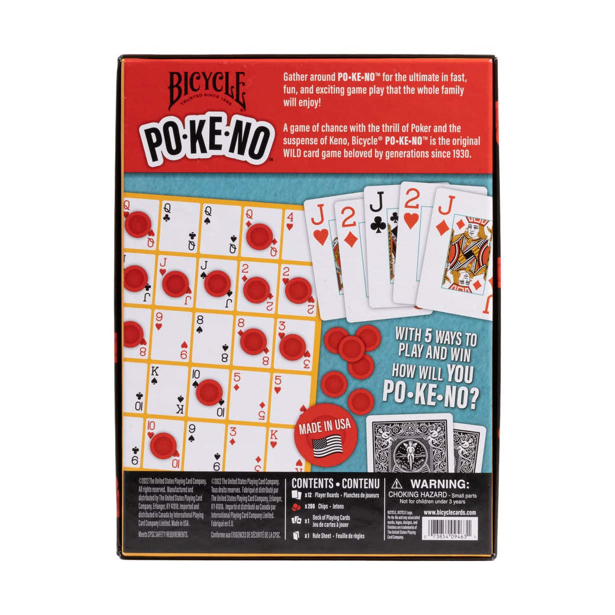 Bicycle Pokeno chips provide tactile game pacing and coverage.
