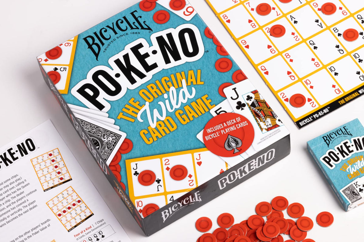 Family playing Bicycle Pokeno at table enjoying a lively session.