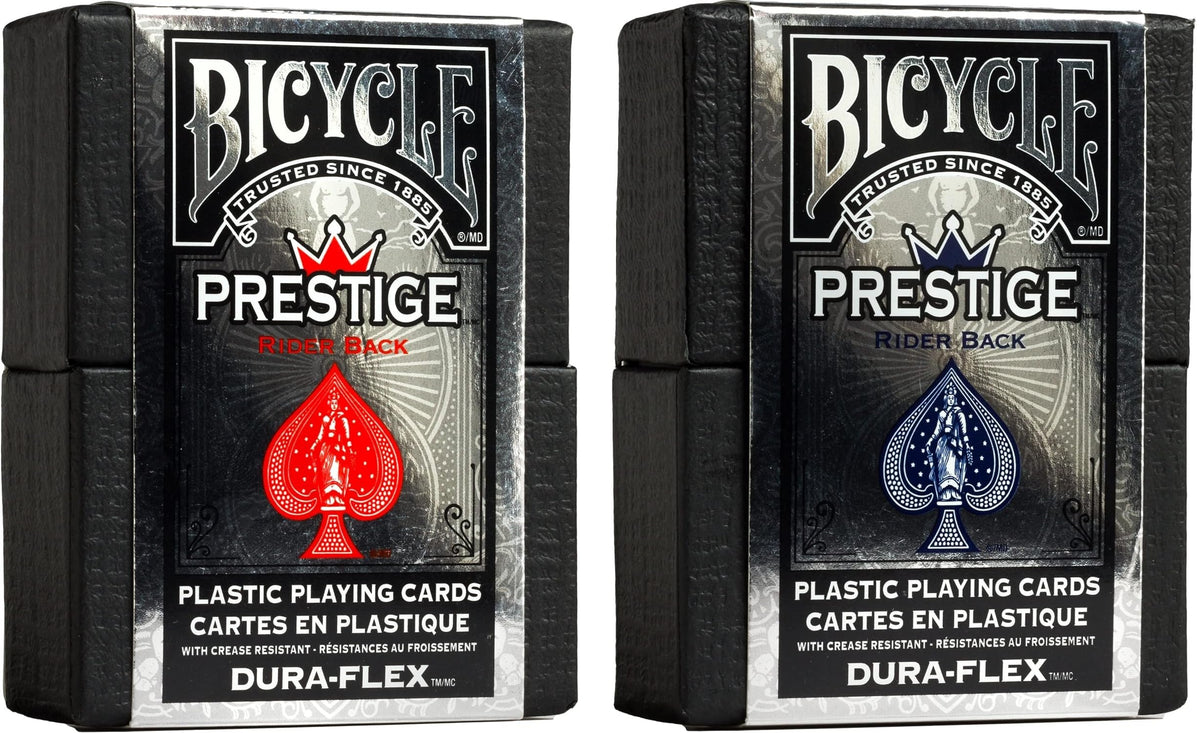 Bicycle Prestige red deck with waterproof plastic cards for durable play.