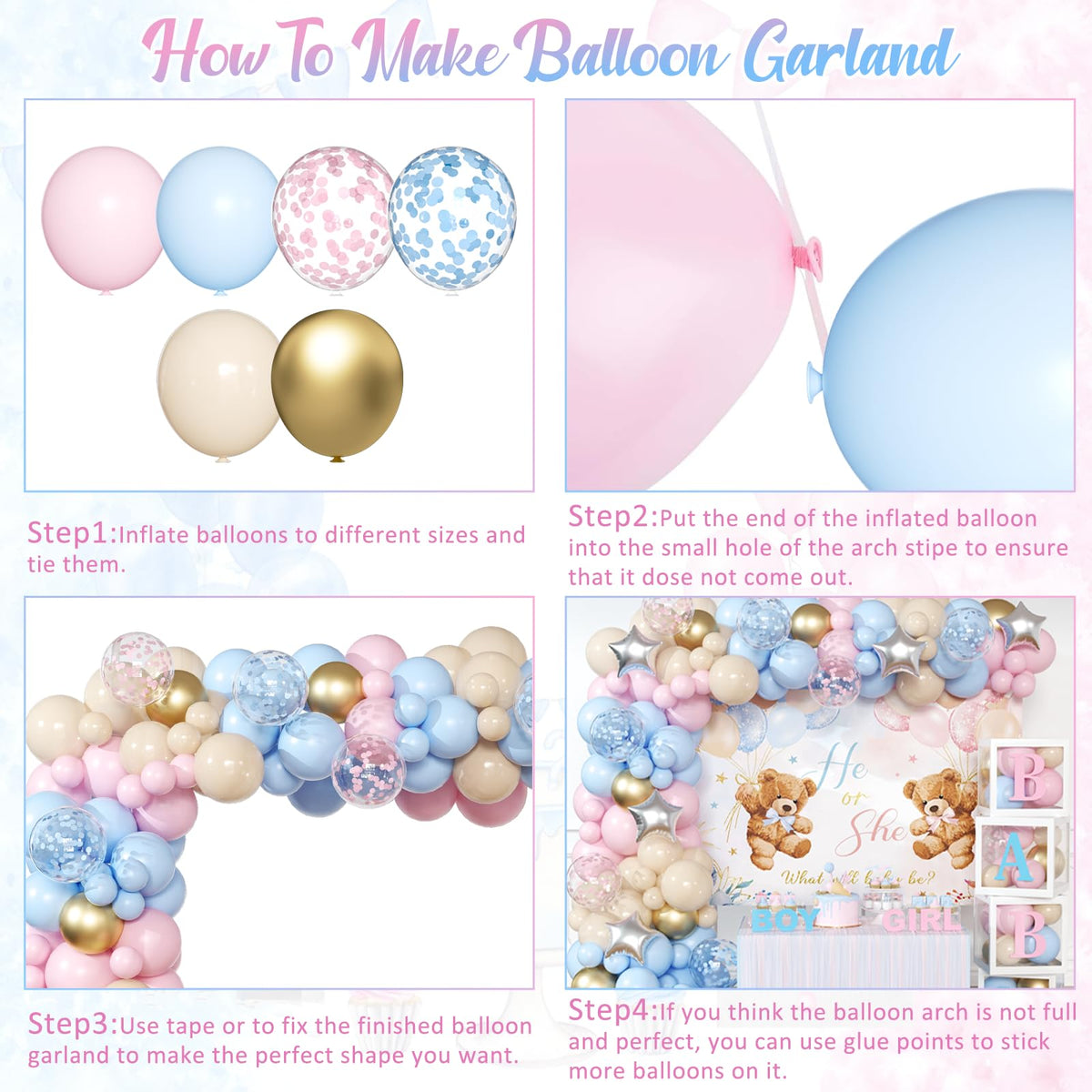 BIENAN 68-count 10-inch balloons in pink blue nude gold