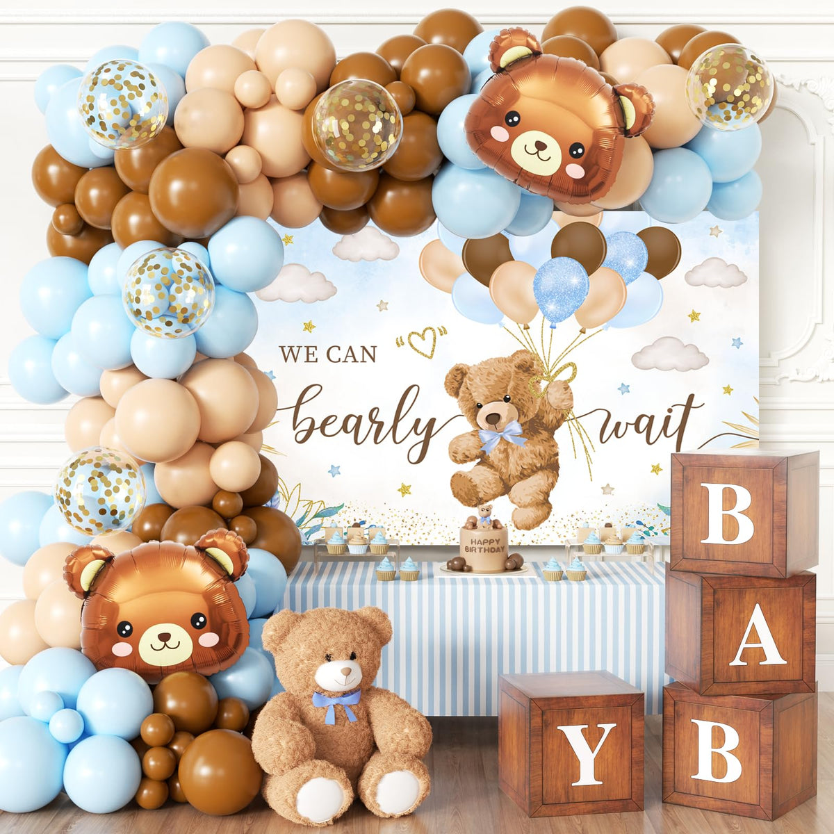BIENAN bear arch kit with blue and brown balloons for rustic baby shower decor