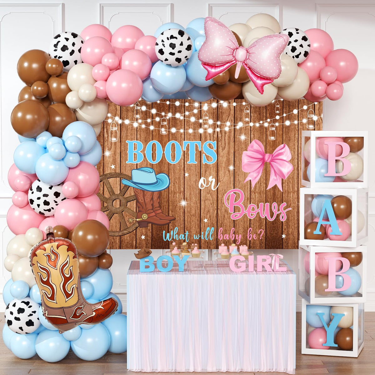 BIENAN Boots or Bows backdrop for Western gender reveal photo backdrop.