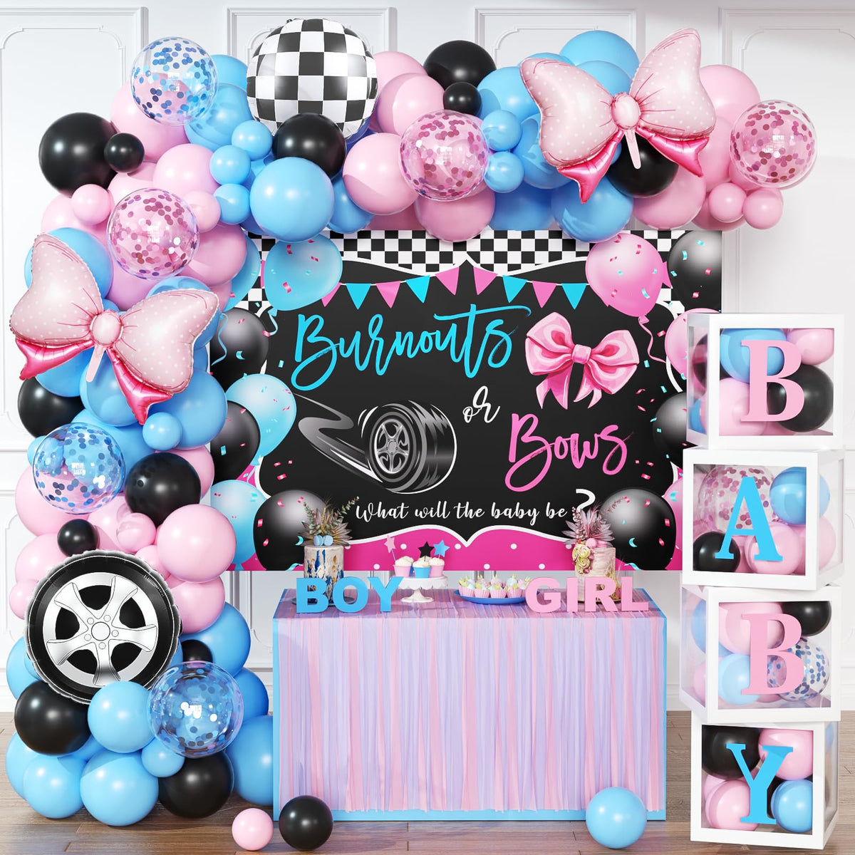 BIENAN burnouts or bows backdrop enhances gender reveal photo opportunities.