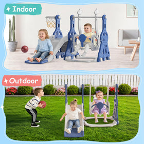 BIERUM 4-in-1 toddler slide and swing set basketball hoop adds active play options.