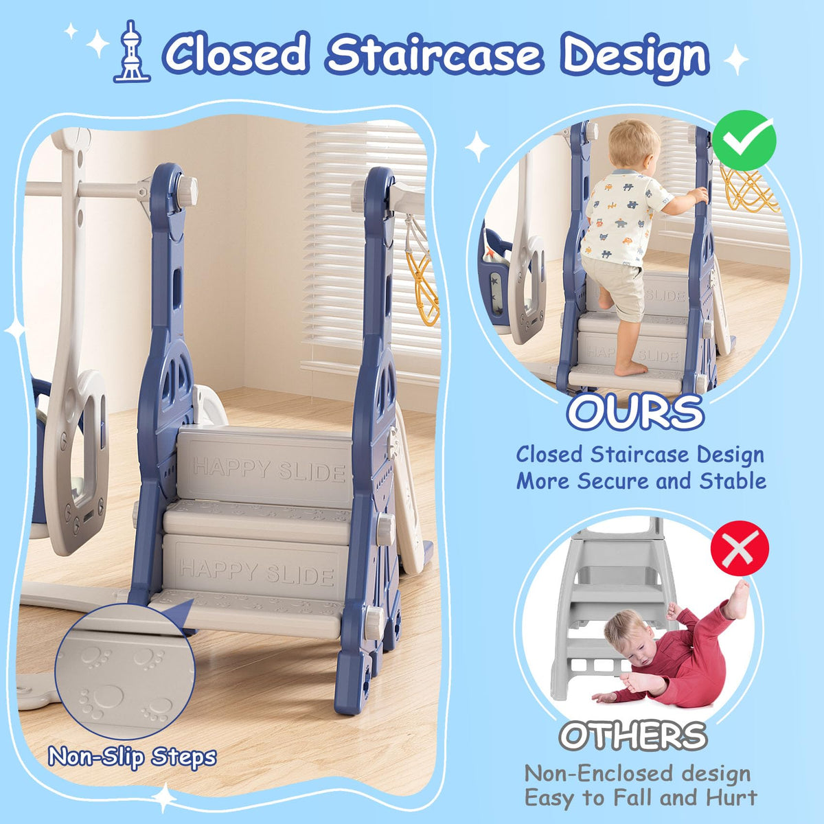 BIERUM 4-in-1 toddler slide and swing set closed staircase minimizes slips during climbs.