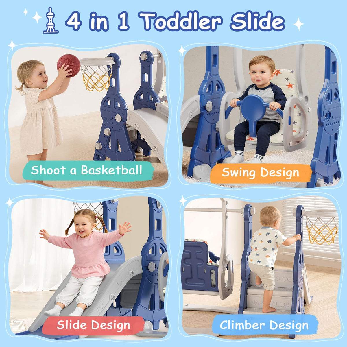 BIERUM 4-in-1 toddler slide and swing set deceleration area encourages controlled, fun play.