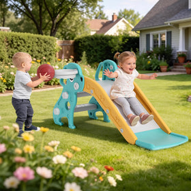 BIERUM 4-in-1 slide features basketball hoop and ring toss in action
