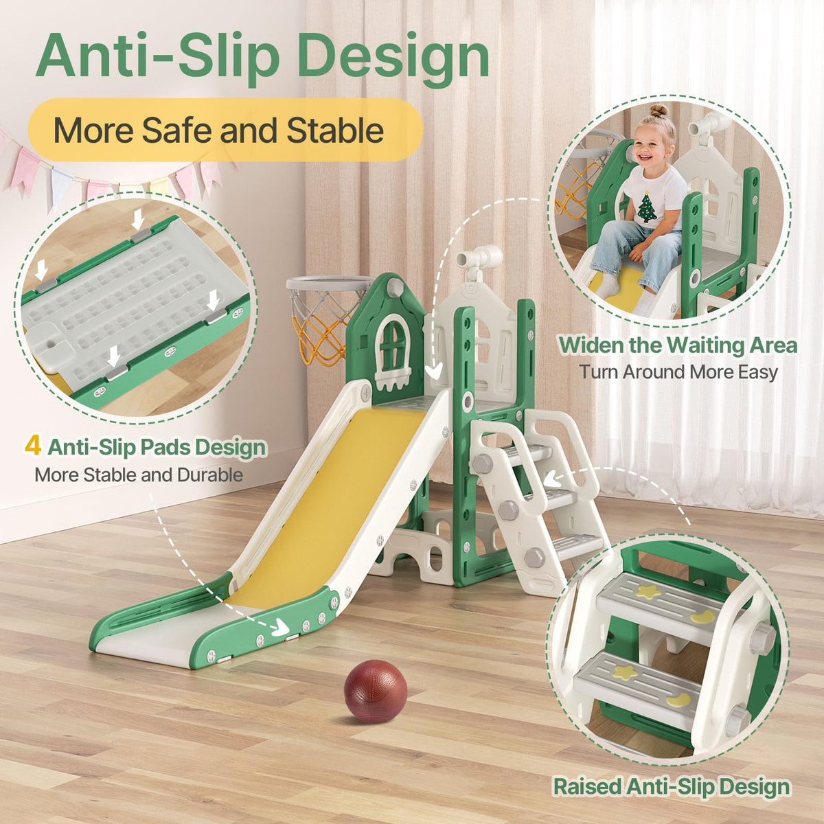 BIERUM 6-in-1 toddler slide with hoop image highlights active play