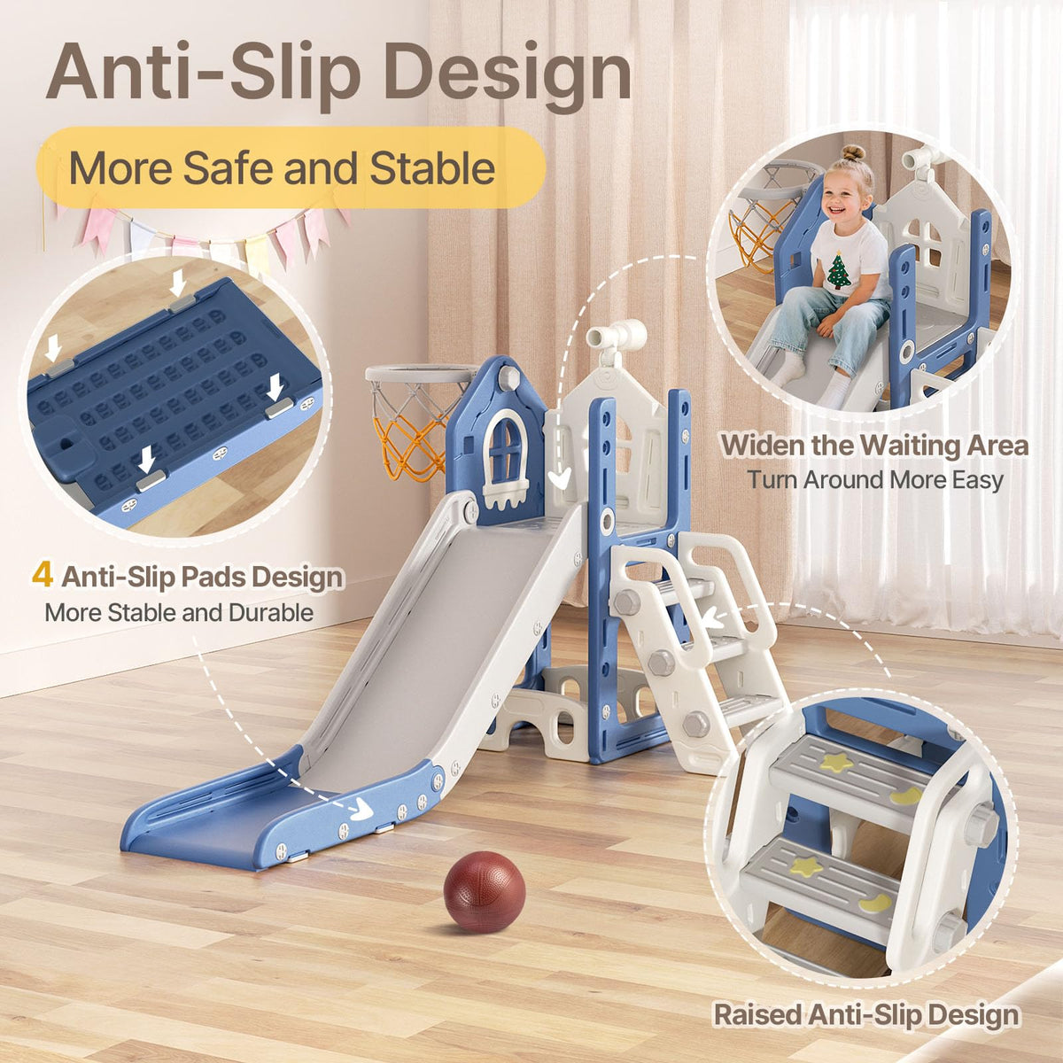 BIERUM 6-in-1 toddler slide basketball hoop in action for coordination