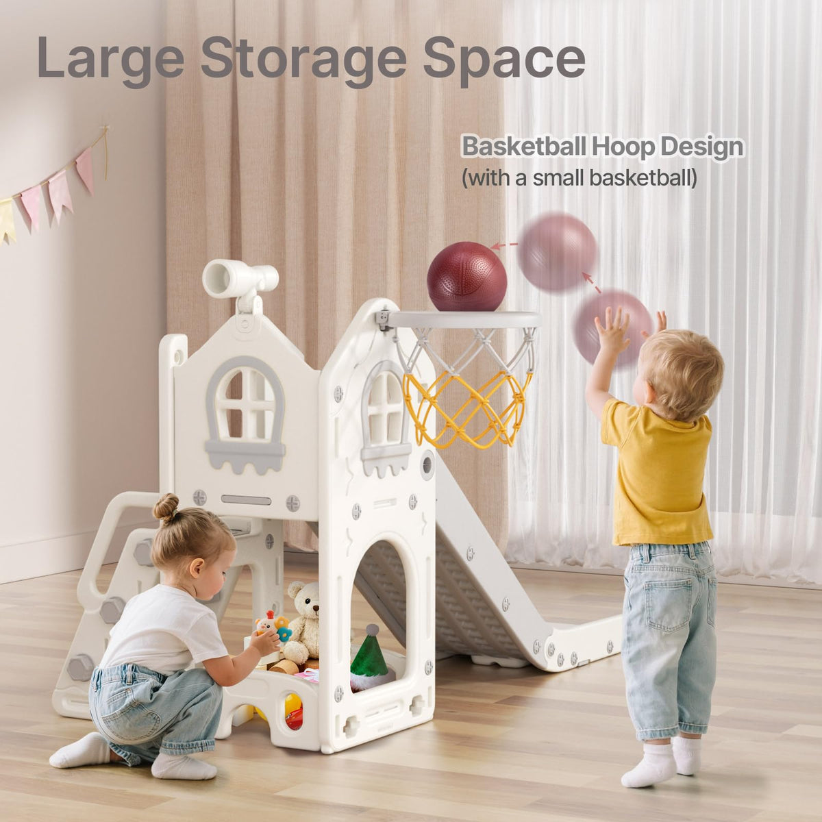 BIERUM 6-in-1 toddler slide basketball hoop area encourages cooperative play