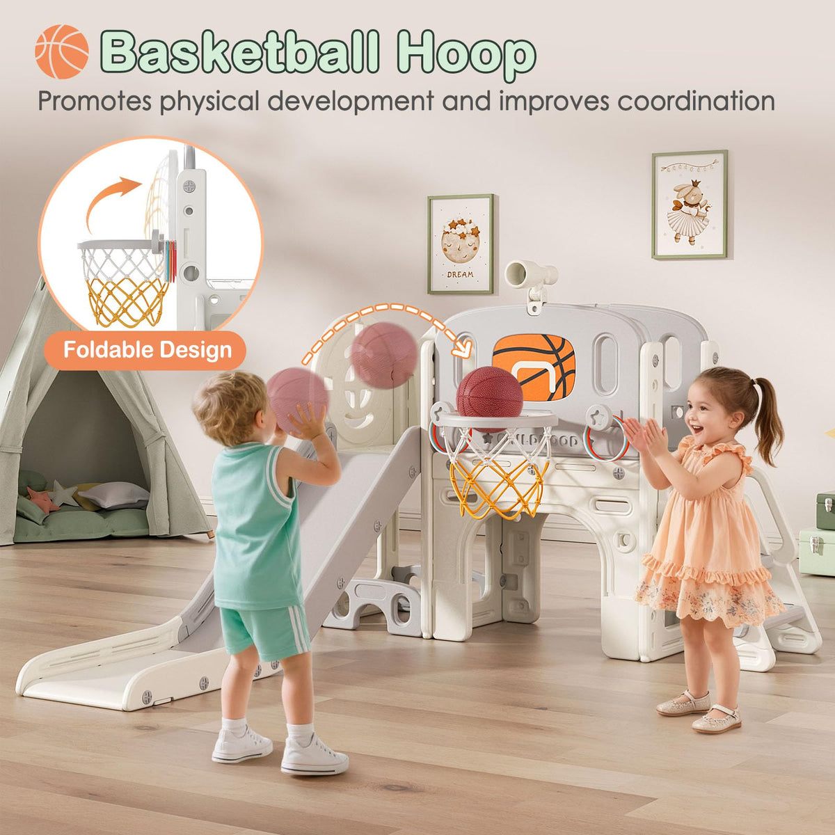 BIERUM 9-in-1 toddler slide basketball hoop enhances active coordination.