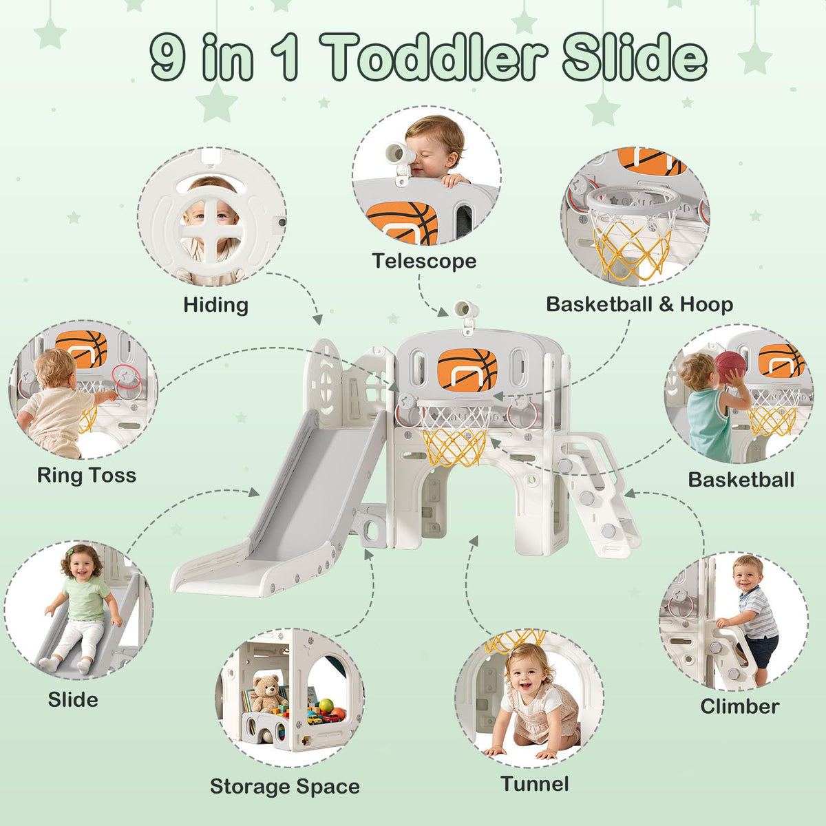 BIERUM 9-in-1 toddler slide suitable for indoor and outdoor spaces.