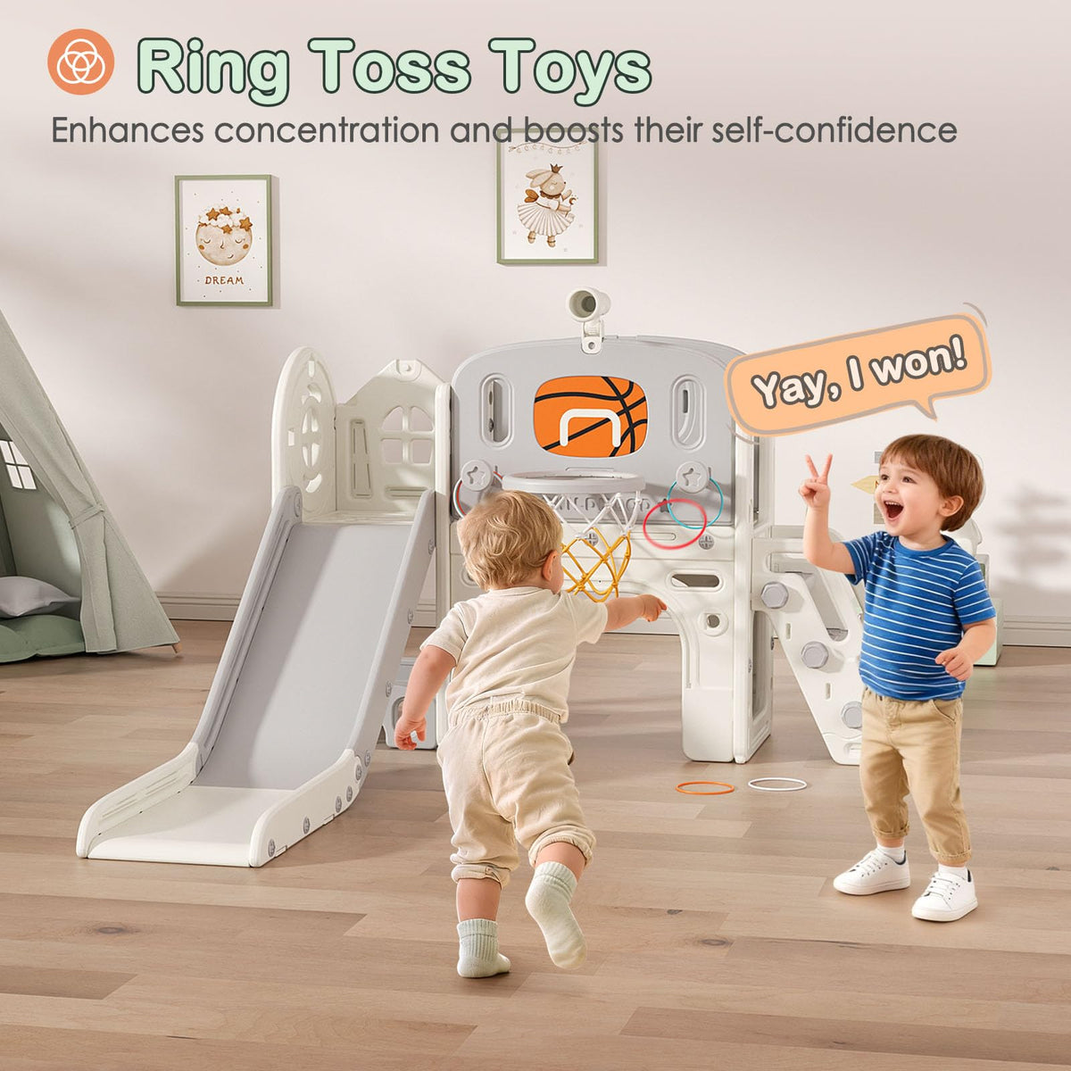 BIERUM 9-in-1 toddler slide ring toss encourages sharing and taking turns.
