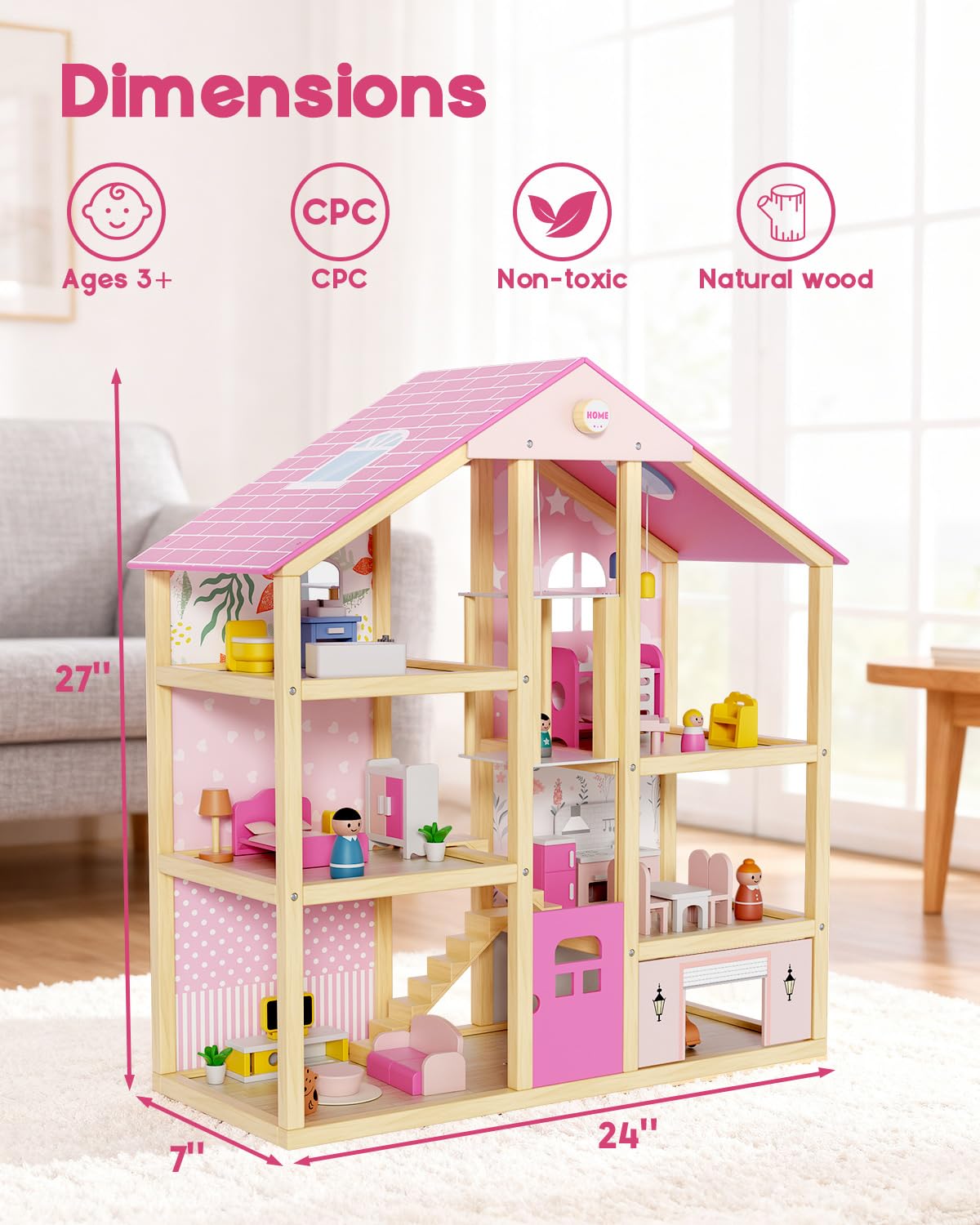 BIERUM pink dollhouse garage and open play area for cars and daily life scenes
