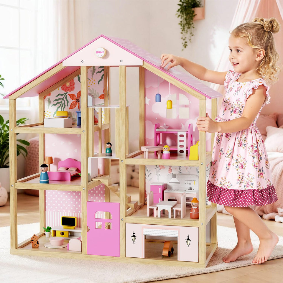 BIERUM pink dollhouse exterior view shows vibrant color and modern design for imaginative play