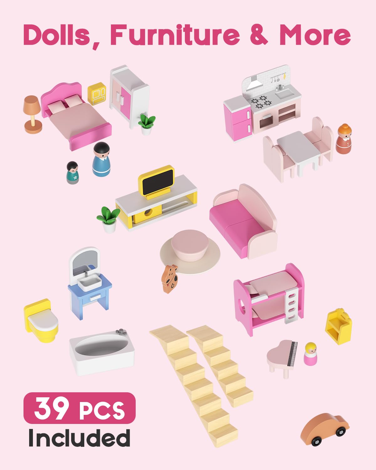 BIERUM pink dollhouse rotating elevator demonstrates dynamic access between floors