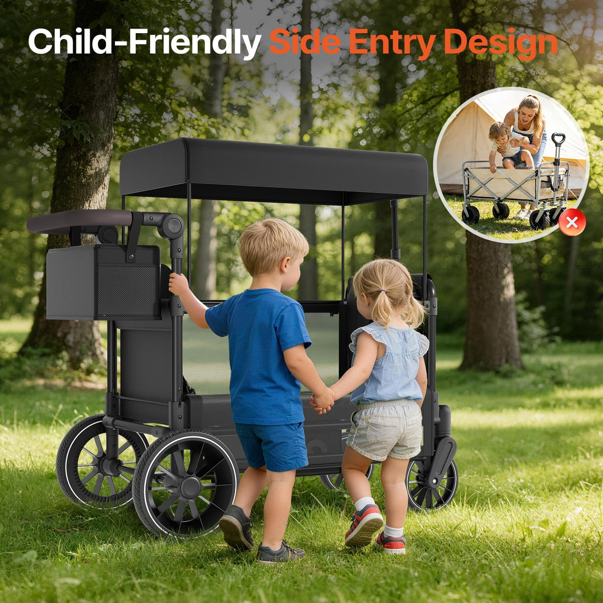 BIERUM stroller wagon with 5-point harness keeps two riders secure.