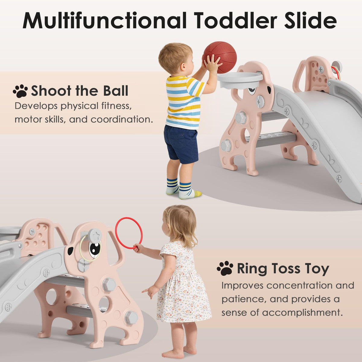 BIERUM toddler slide with basketball hoop promotes active play and coordination.
