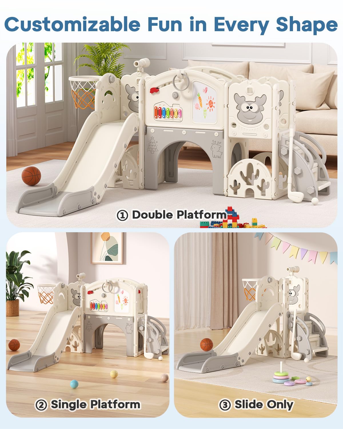 BIERUM slide set with basketball hoop promotes active, social play.