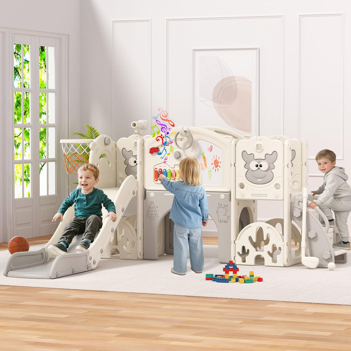 BIERUM Toddler Slide Set exterior in cream and gray for versatile indoor-outdoor play.