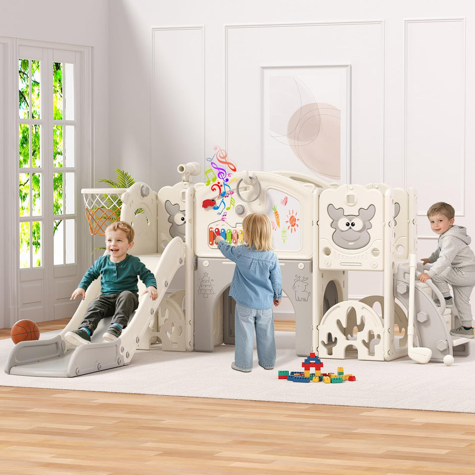 BIERUM Toddler Slide Set exterior in cream and gray for versatile indoor-outdoor play.
