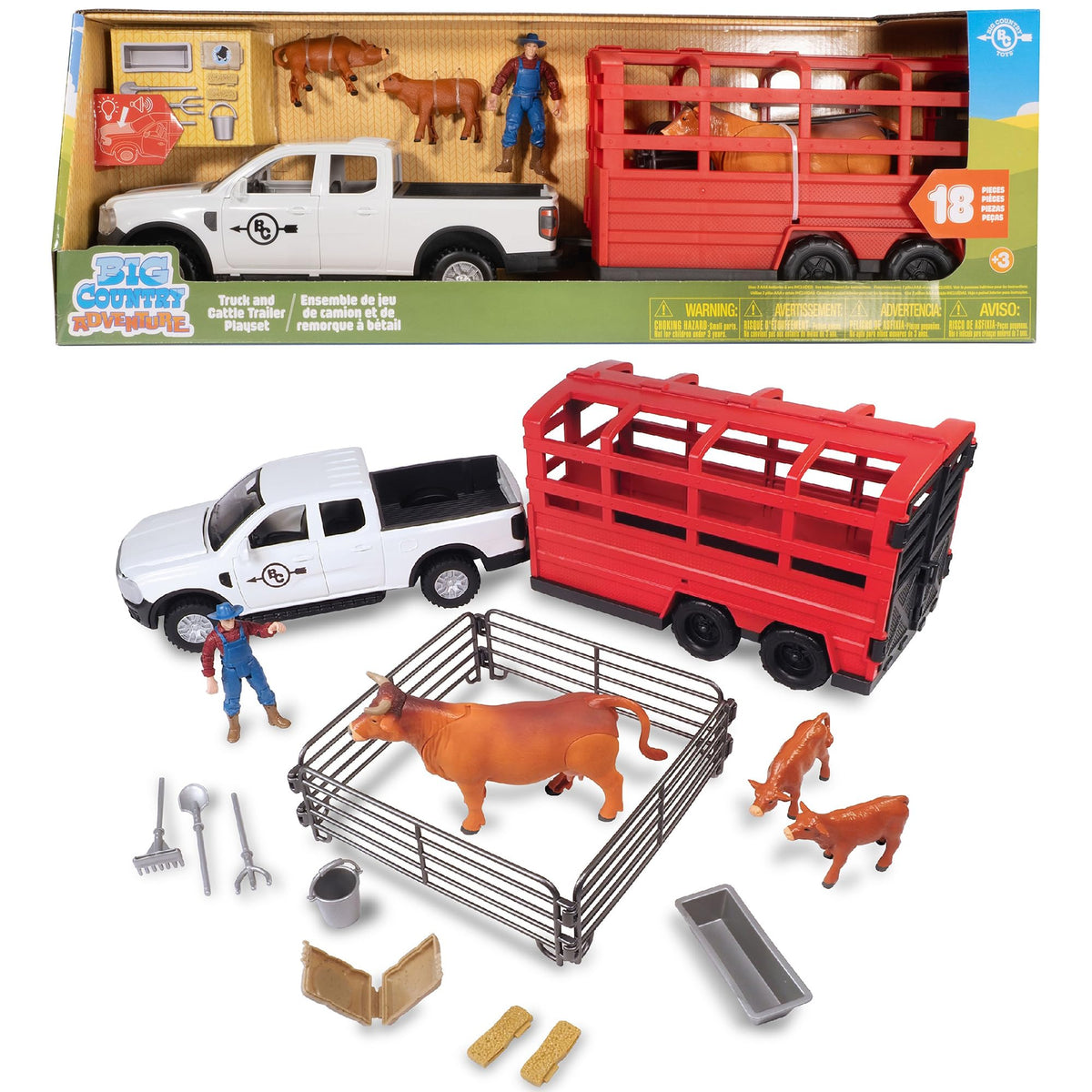 Big Country Toys white pickup truck with lights and sounds enhances storytelling during ranch play.