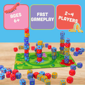 Two to four players gather around the Stack-a-Pillars setup