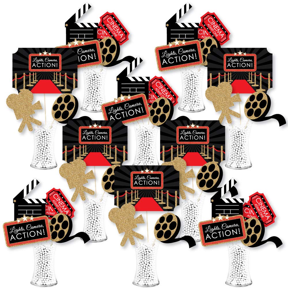 Big Dot of Happiness red carpet centerpiece set front view for glamorous movie-night decor