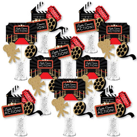 Big Dot of Happiness red carpet centerpiece set front view for glamorous movie-night decor