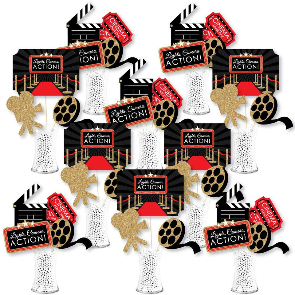 Big Dot of Happiness red carpet centerpiece set front view for glamorous movie-night decor