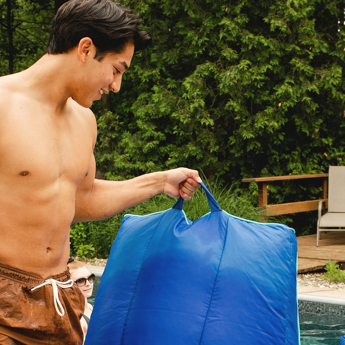 Big Joe Captain's Float blurred blue mesh for stylish pool lounging