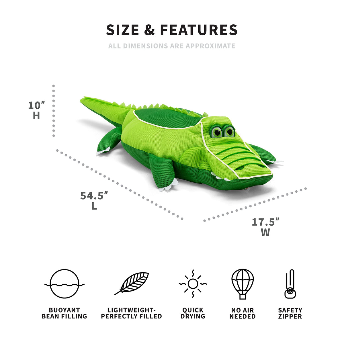 Big Joe Pool Petz Alligator floats in water with no inflation needed.