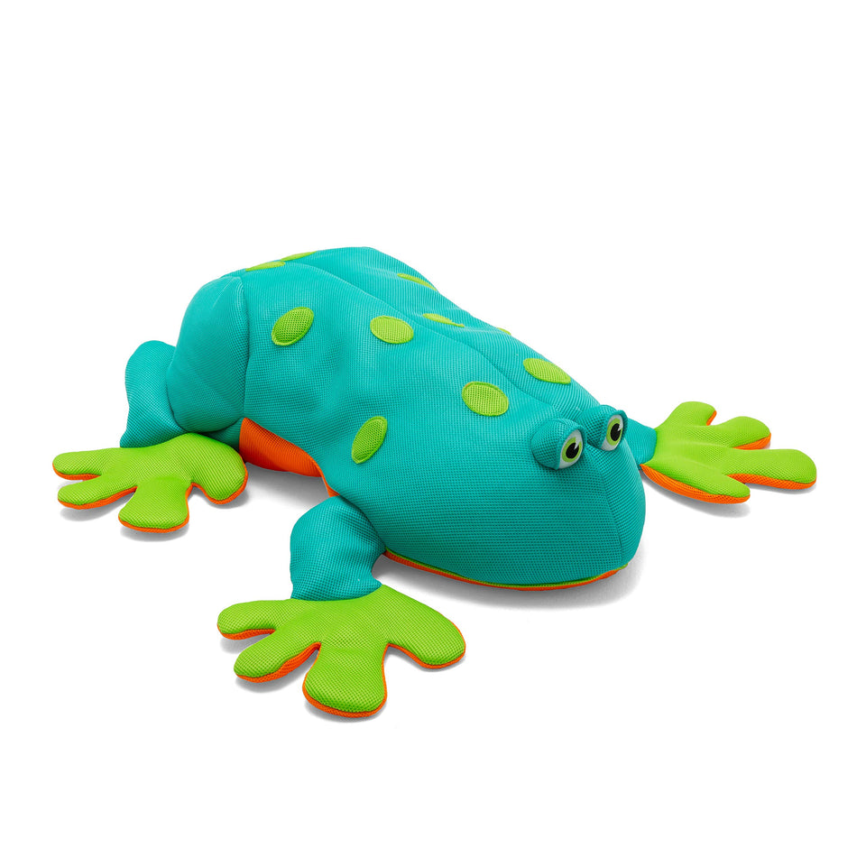 Big Joe Pool Petz frog toy on water with bright mesh fabric and buoyant design