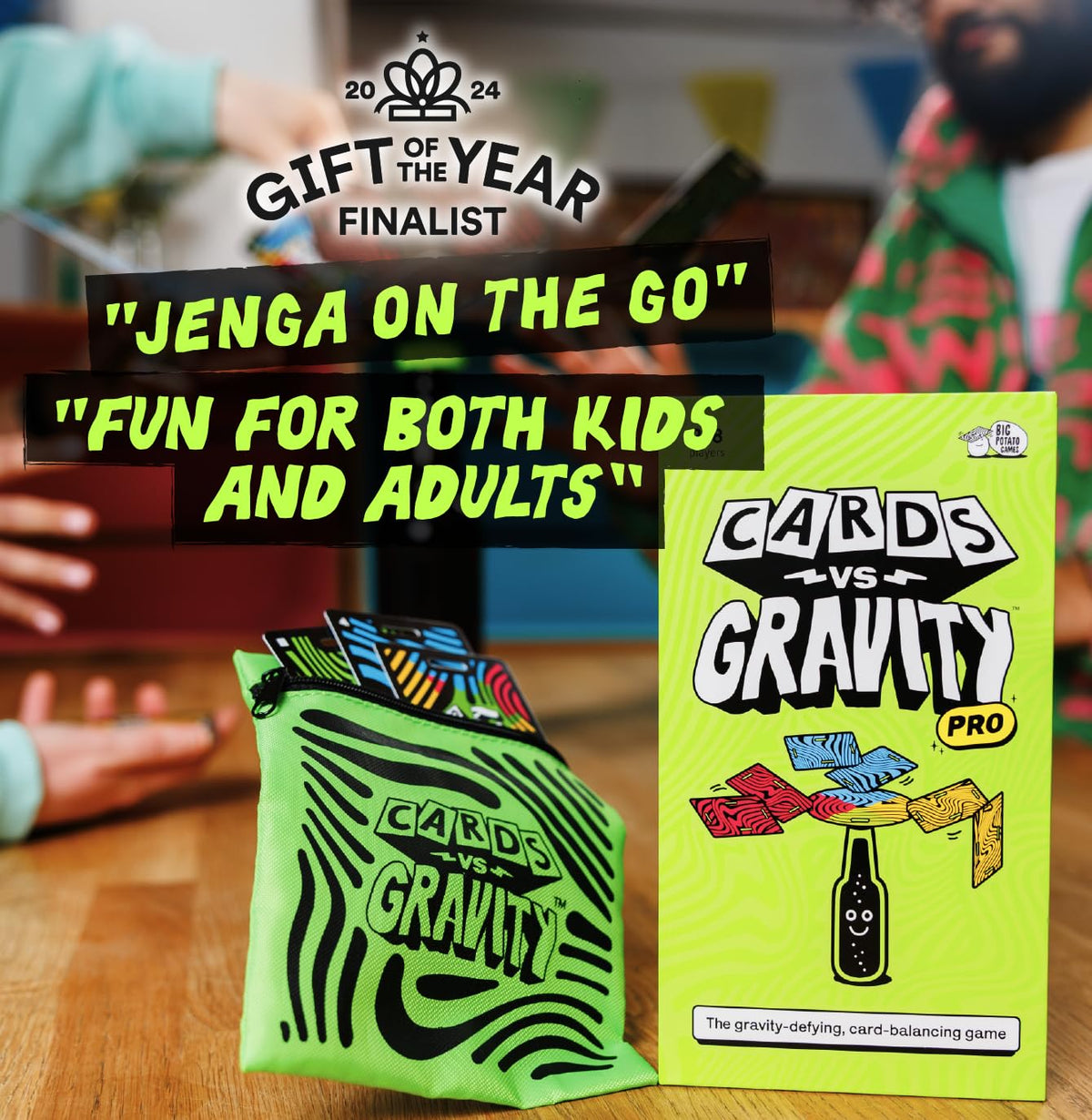 Big Potato Cards vs Gravity Pro travel bag included for easy transport.