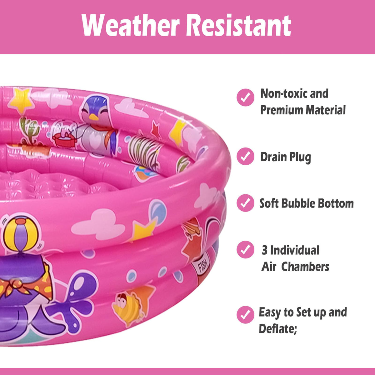 Big Summer 3 Rings Kiddie Pool pink bubble bottom design for soft landings