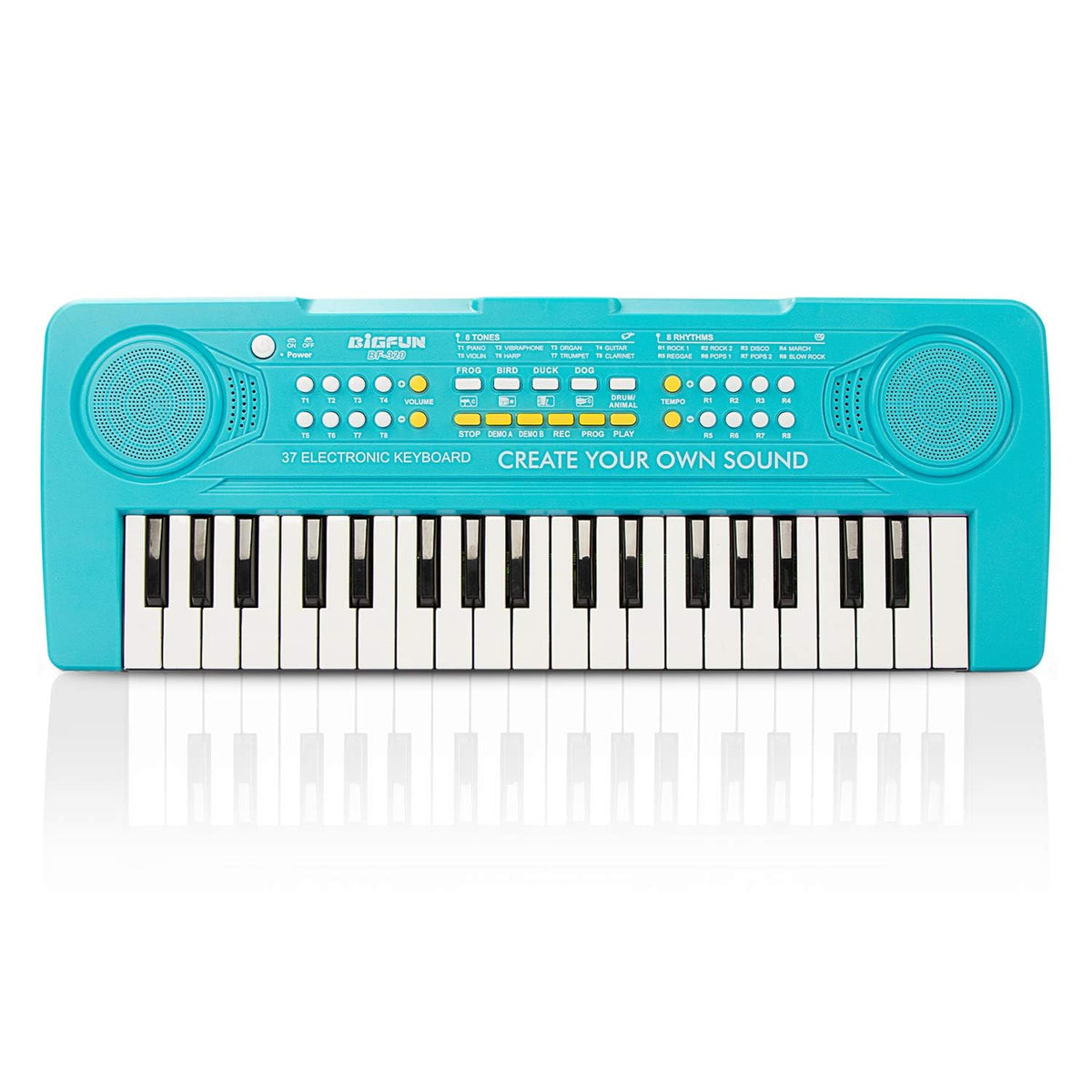 BIGFUN 37 key keyboard piano blue front view supports early finger coordination.
