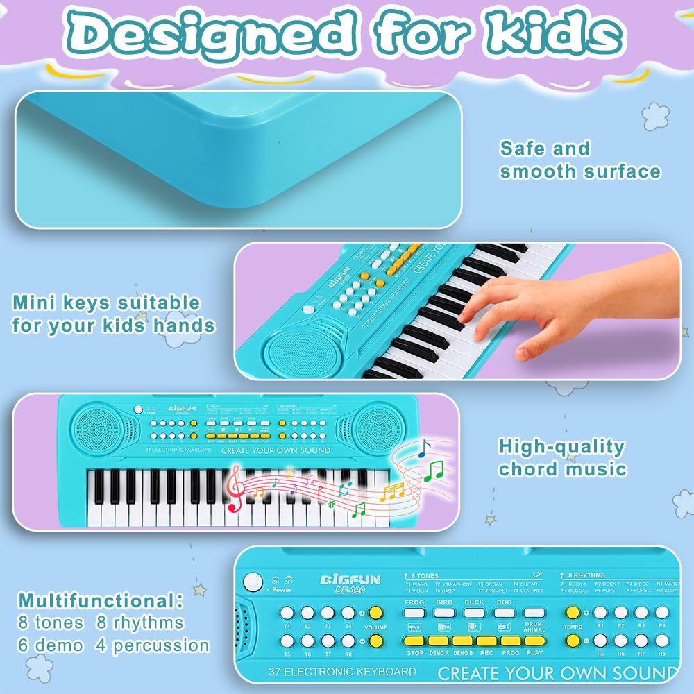 BIGFUN keyboard piano blue side angle for toddler playtime.