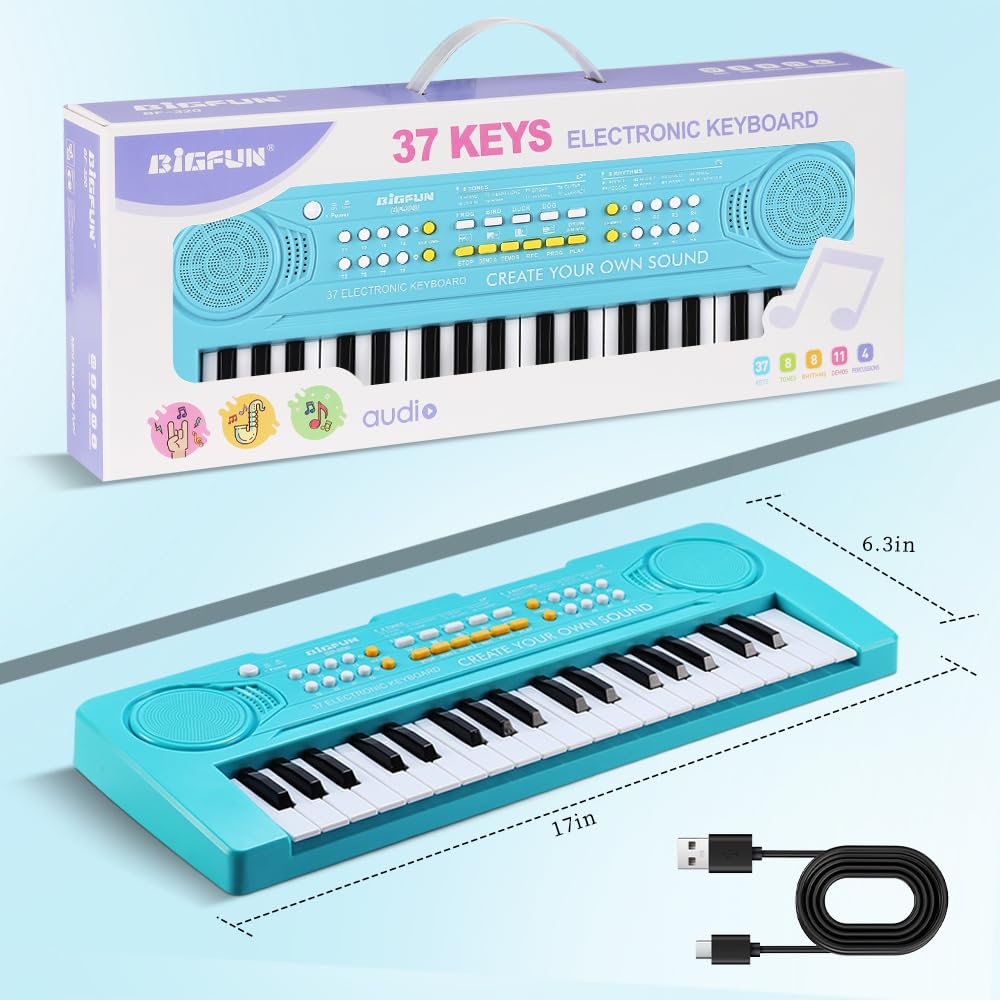 BIGFUN kids piano demo sounds blue display for rhythms and melodies.