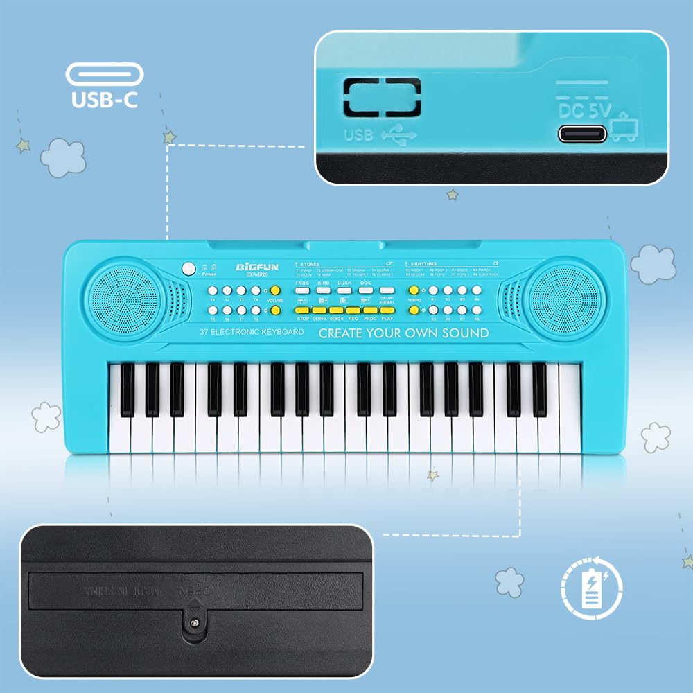 BIGFUN kids piano USB power blue back panel for easy setup.
