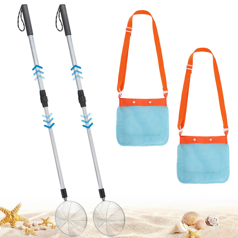 Biggun sand sifter with adjustable pole and handle for easy beach treasure hunts.
