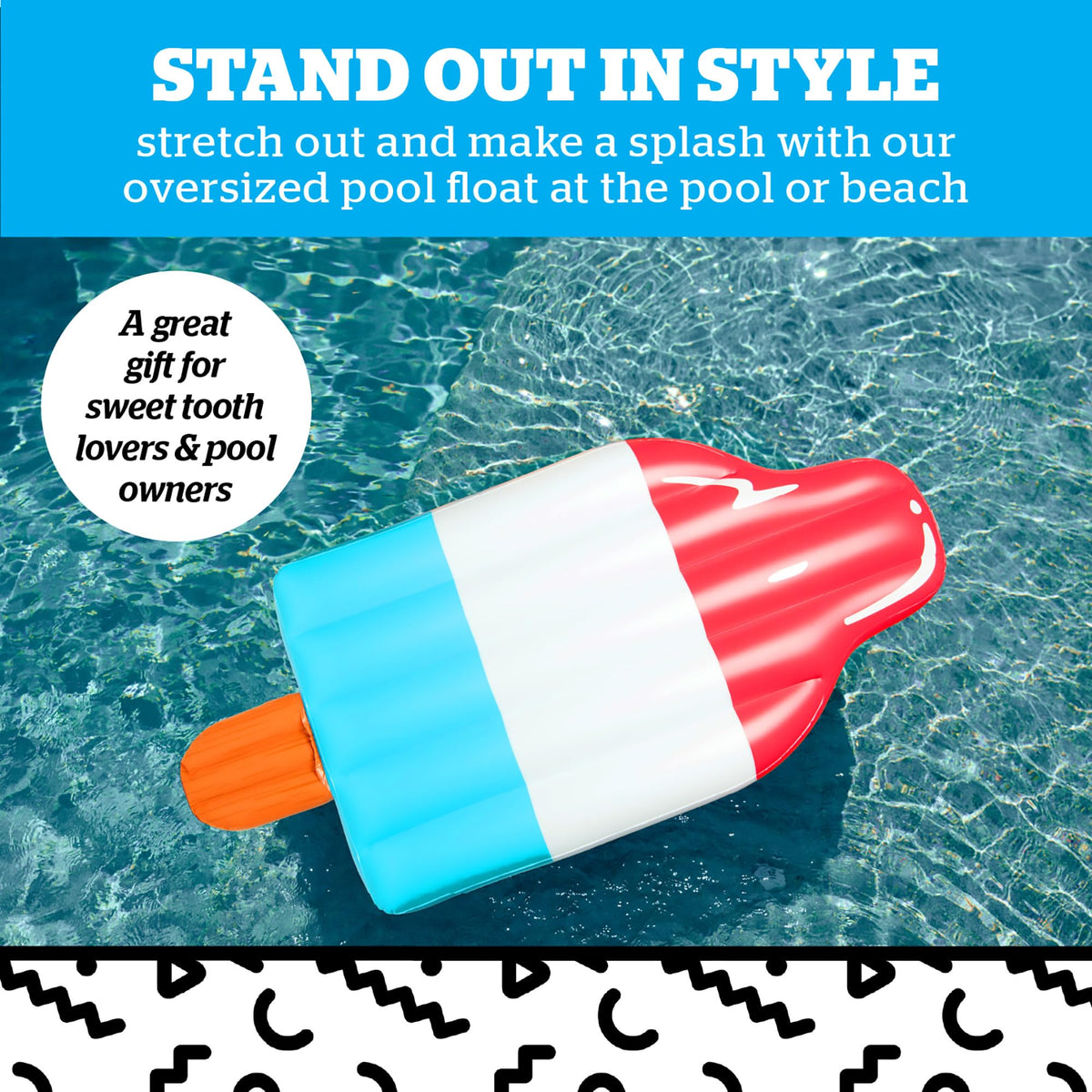 BigMouth Giant Ice Pop pool float measures 72x34x8 inches for versatile lounging.