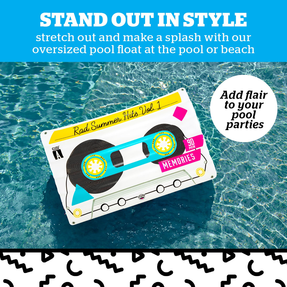 BigMouth Inc giant cassette tape pool float side view shows bold retro design for photo-worthy moments.