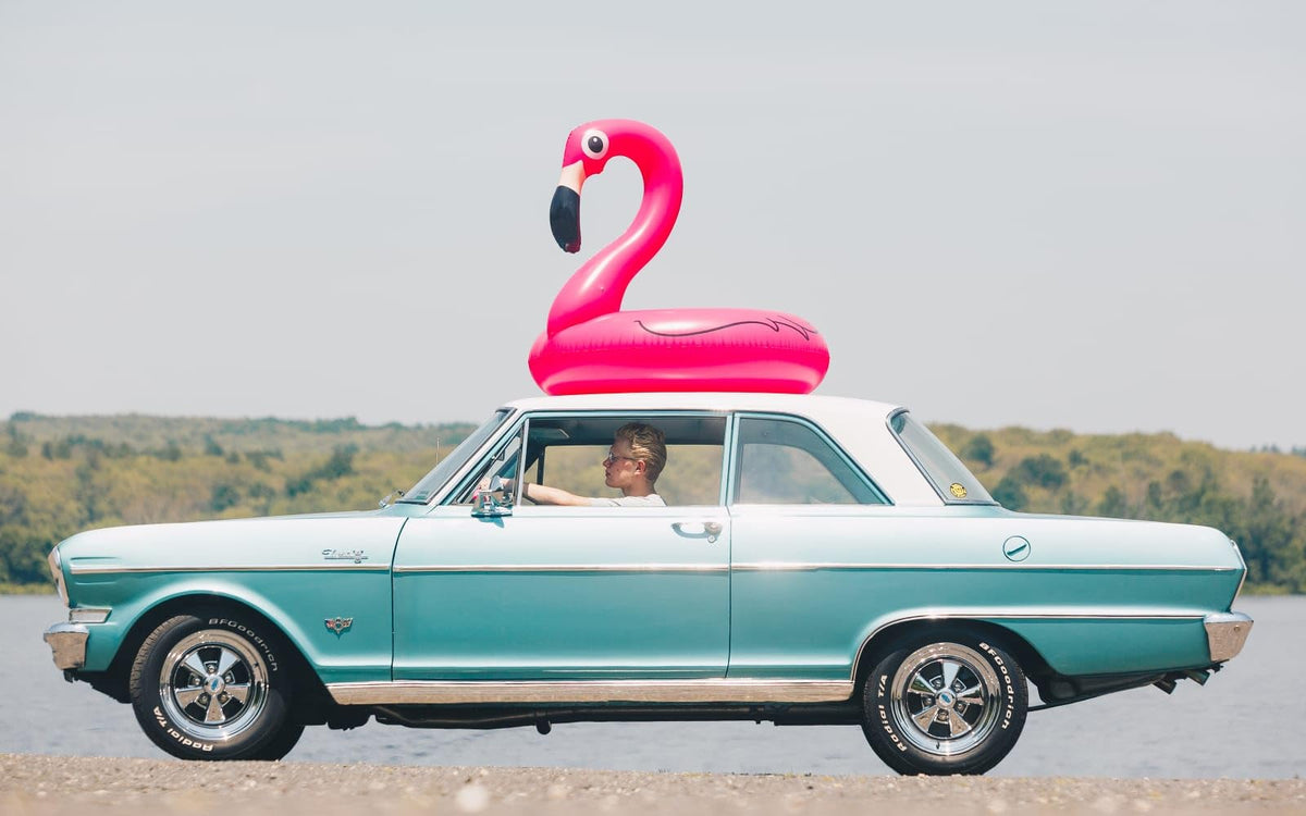 BigMouth Inc pink flamingo inflatable tube offers easy setup for quick water play.