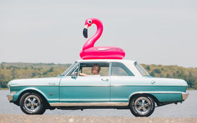 BigMouth Inc pink flamingo inflatable tube offers easy setup for quick water play.