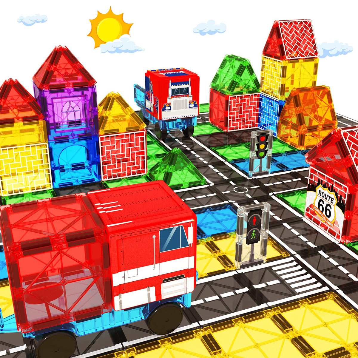 BigShu magnetic tiles road car set assembly for creative road-building play.