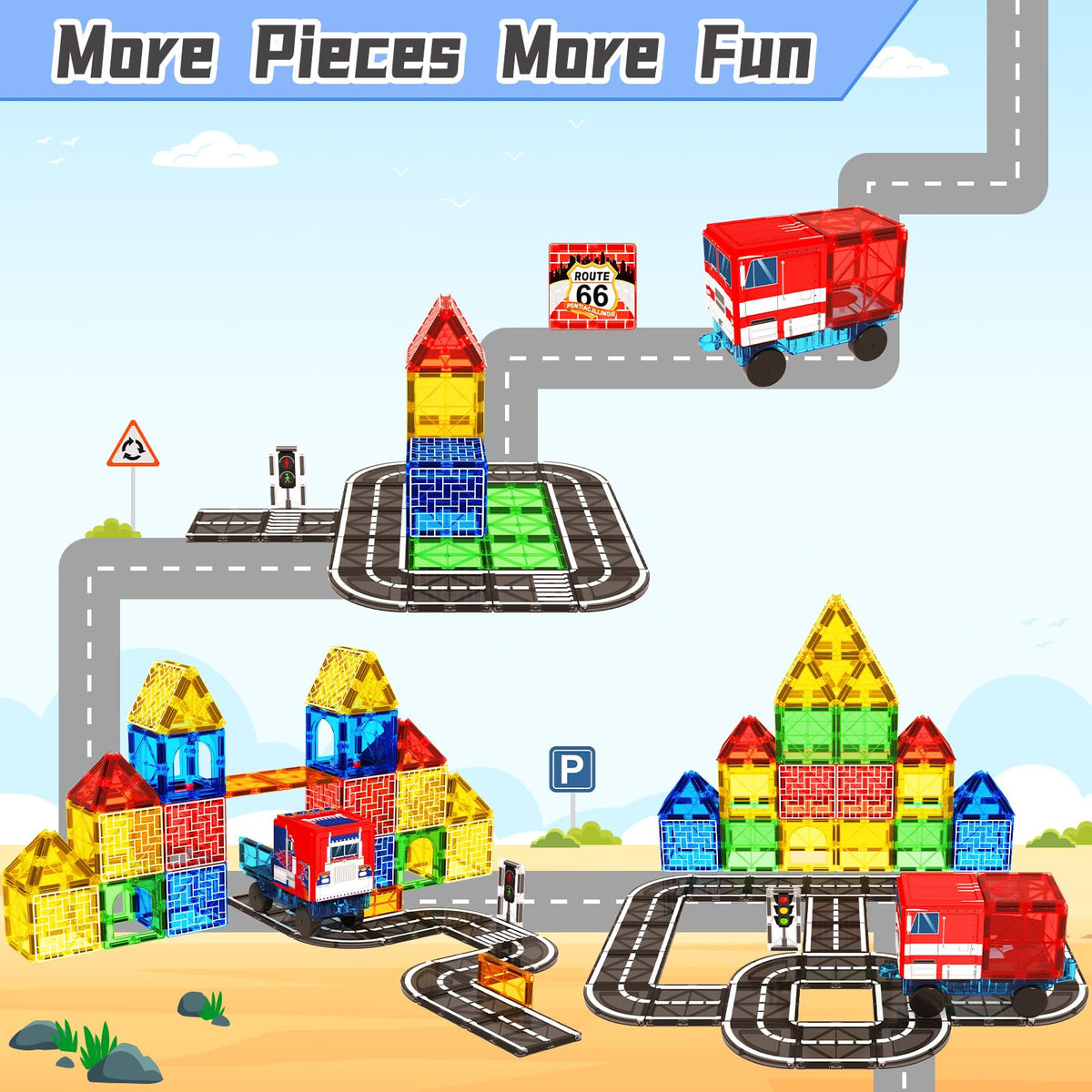 BigShu magnetic tiles road roofs and trees add detail to builds.