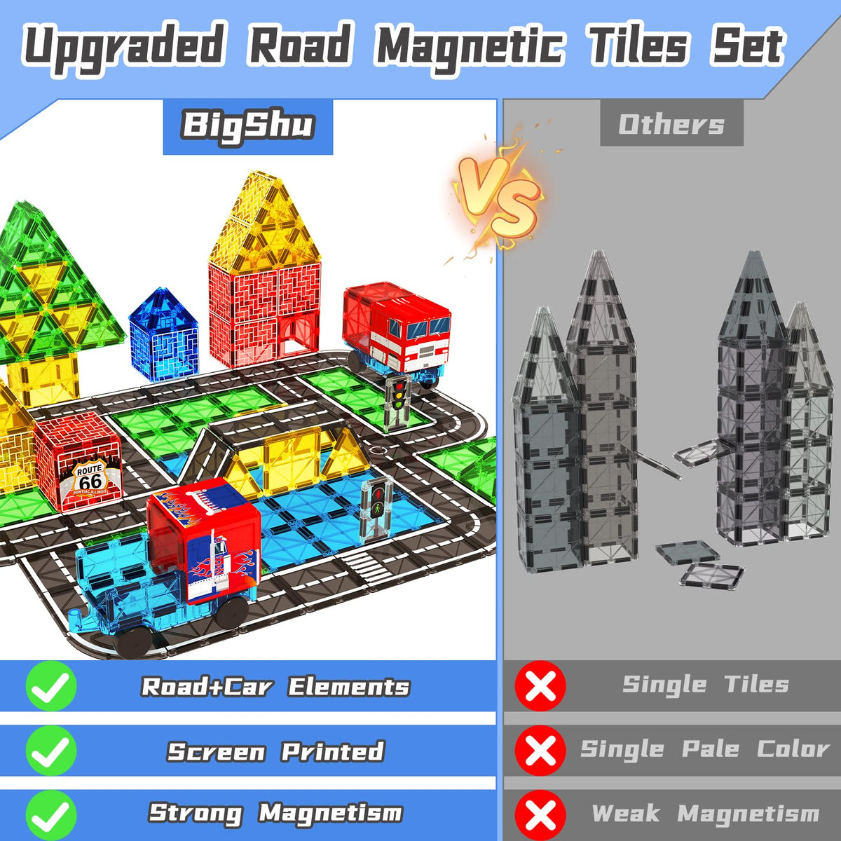 BigShu magnetic tiles road scene with houses and cars promotes imaginative play.